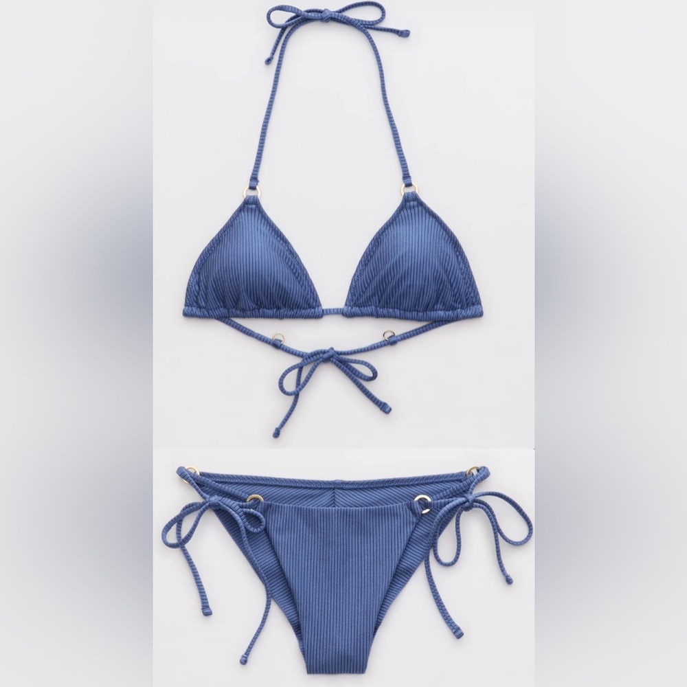 NWT Aerie FULL SET Shine Rib Triangle Top + Cheekiest Tie Bottom Stormy Blue L